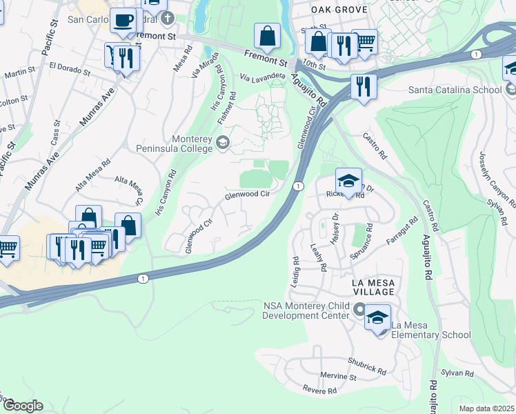 map of restaurants, bars, coffee shops, grocery stores, and more near 500 Glenwood Circle in Monterey
