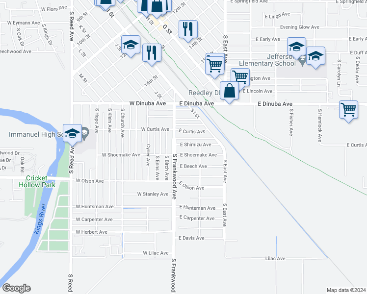 map of restaurants, bars, coffee shops, grocery stores, and more near 185 East Shimizu Avenue in Reedley