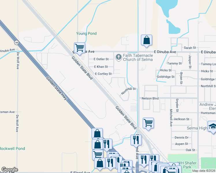 map of restaurants, bars, coffee shops, grocery stores, and more near 3627 North Chandler Court in Selma
