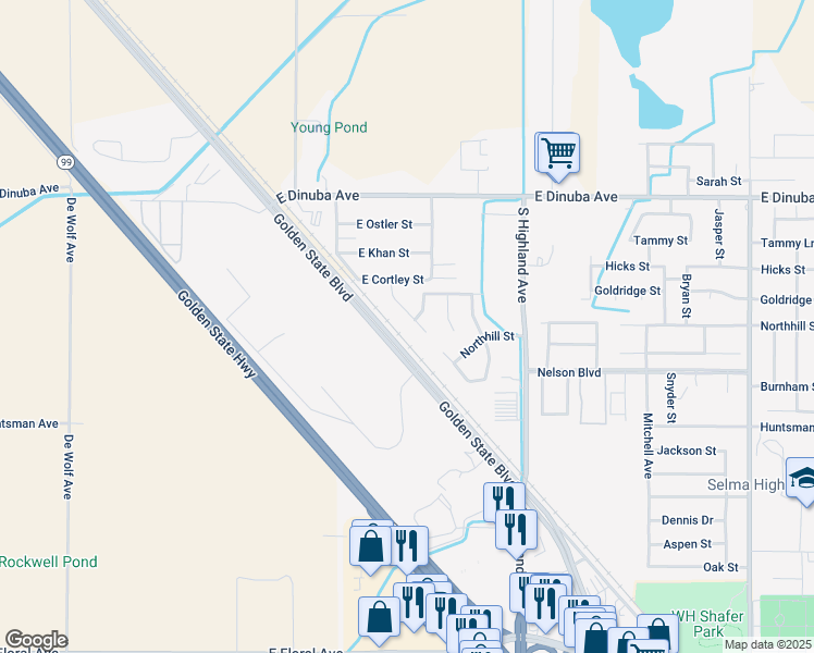 map of restaurants, bars, coffee shops, grocery stores, and more near 3603 North Chandler Court in Selma