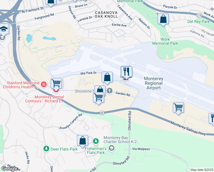 map of restaurants, bars, coffee shops, grocery stores, and more near 2511 Garden Road in Monterey