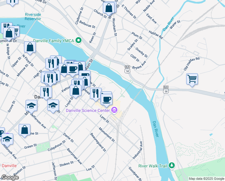 map of restaurants, bars, coffee shops, grocery stores, and more near 104 Colquohoun Street in Danville