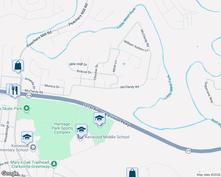 map of restaurants, bars, coffee shops, grocery stores, and more near 1299 Whitt Lane in Clarksville