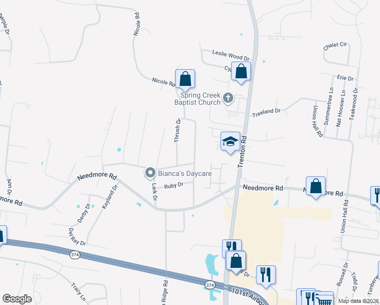 map of restaurants, bars, coffee shops, grocery stores, and more near 2802 Thrush Drive in Clarksville