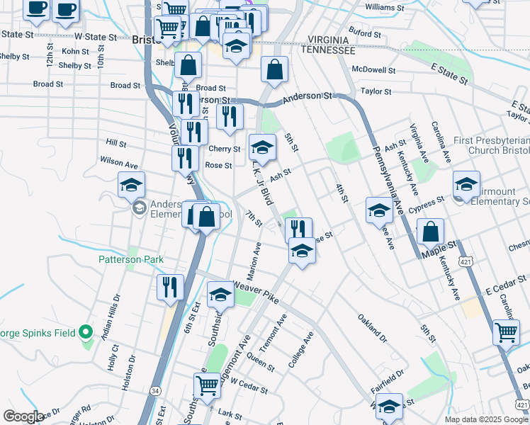map of restaurants, bars, coffee shops, grocery stores, and more near 815 7th Street in Bristol