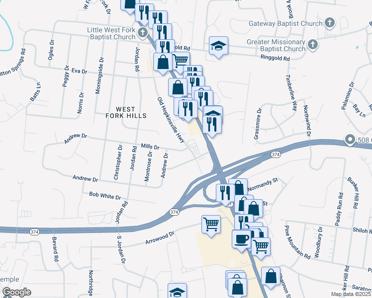 map of restaurants, bars, coffee shops, grocery stores, and more near 202 Mills Drive in Clarksville