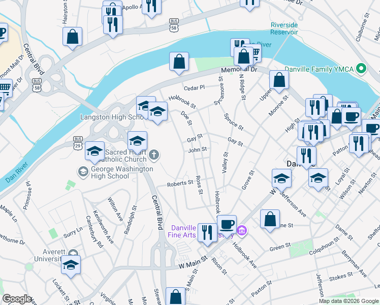 map of restaurants, bars, coffee shops, grocery stores, and more near 361 Ross Street in Danville