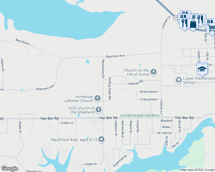 map of restaurants, bars, coffee shops, grocery stores, and more near 641 Rockwood Drive in Grove
