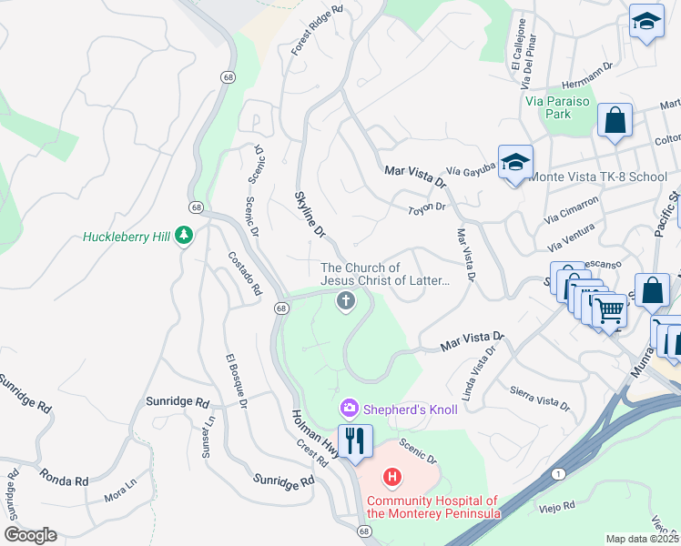 map of restaurants, bars, coffee shops, grocery stores, and more near 32 Greenwood Way in Monterey