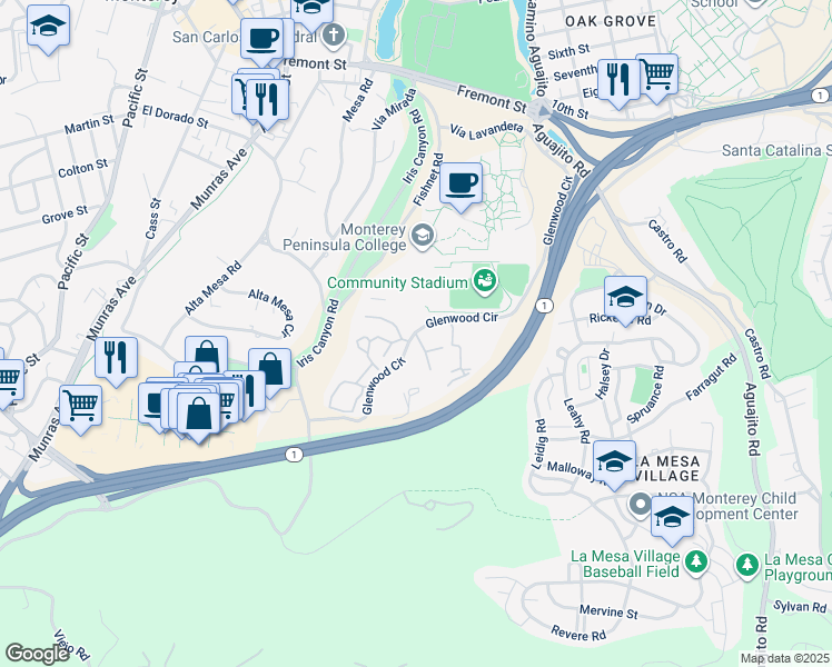 map of restaurants, bars, coffee shops, grocery stores, and more near in Monterey