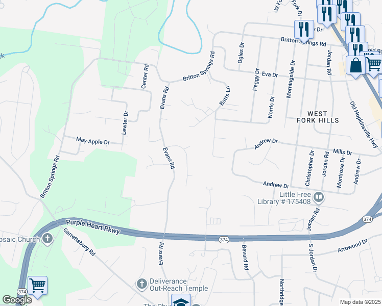 map of restaurants, bars, coffee shops, grocery stores, and more near 1121 Timber Ridge Drive in Clarksville
