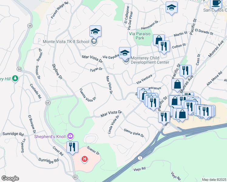 map of restaurants, bars, coffee shops, grocery stores, and more near 214 Soledad Place in Monterey
