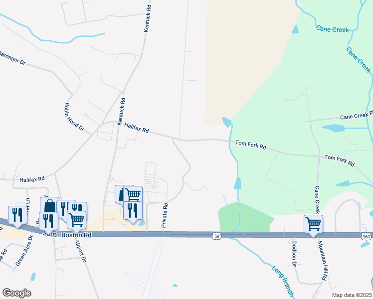 map of restaurants, bars, coffee shops, grocery stores, and more near 2217 Halifax Road in Danville