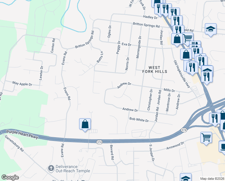 map of restaurants, bars, coffee shops, grocery stores, and more near 416 Athena Drive in Clarksville