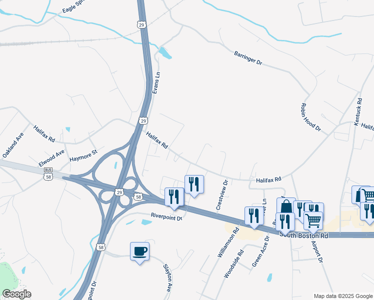map of restaurants, bars, coffee shops, grocery stores, and more near 1540 Halifax Road in Danville