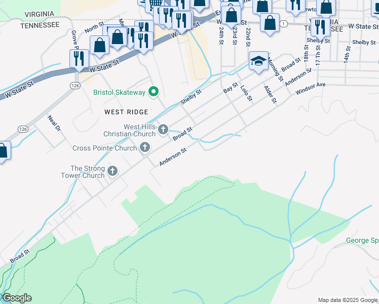 map of restaurants, bars, coffee shops, grocery stores, and more near 2620 Anderson Street in Bristol
