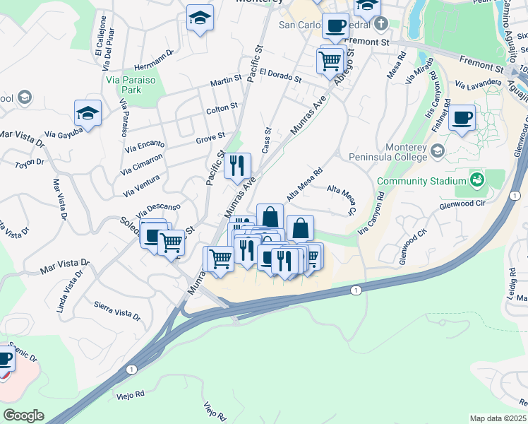 map of restaurants, bars, coffee shops, grocery stores, and more near 101 Don Dahvee Lane in Monterey
