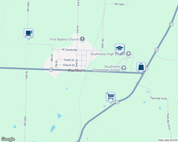 map of restaurants, bars, coffee shops, grocery stores, and more near W Pineville St in Washburn