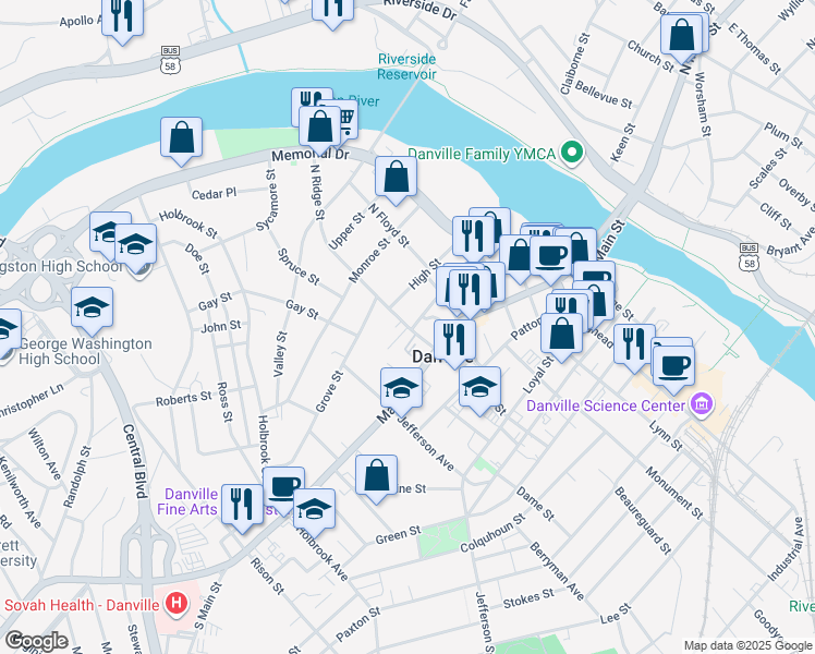 map of restaurants, bars, coffee shops, grocery stores, and more near 701 Edwin Court in Danville