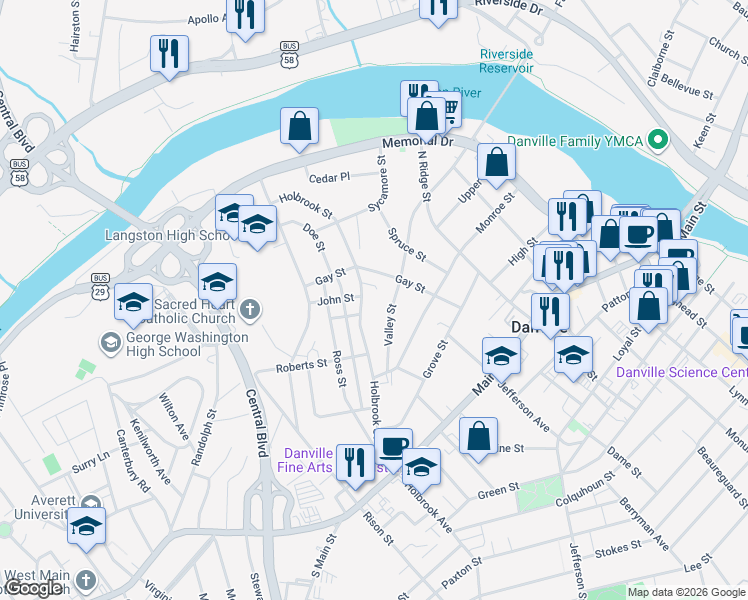 map of restaurants, bars, coffee shops, grocery stores, and more near 424 Holbrook Street in Danville