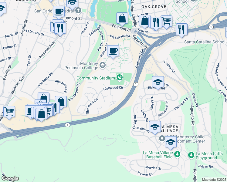 map of restaurants, bars, coffee shops, grocery stores, and more near 500 Glenwood Circle in Monterey