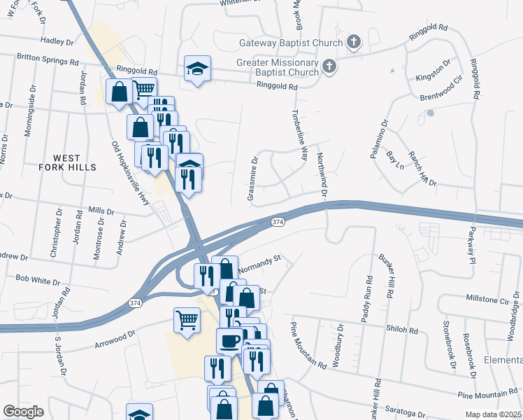 map of restaurants, bars, coffee shops, grocery stores, and more near 232 Grassmire Drive in Clarksville