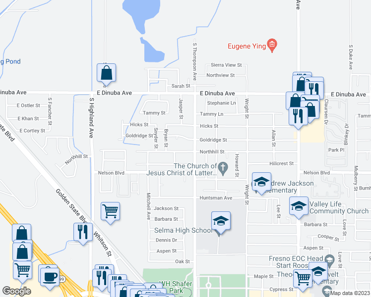 map of restaurants, bars, coffee shops, grocery stores, and more near 2516 Northhill Street in Selma