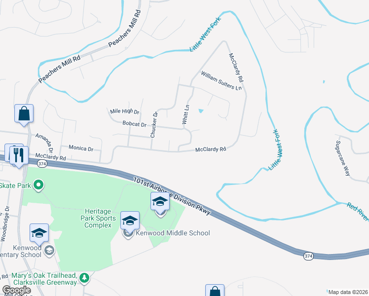 map of restaurants, bars, coffee shops, grocery stores, and more near 1299 Whitt Lane in Clarksville