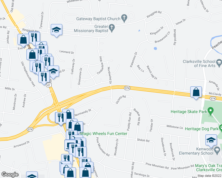 map of restaurants, bars, coffee shops, grocery stores, and more near 101st Airborne Division Pkwy in Clarksville