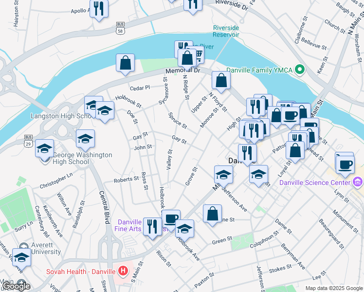 map of restaurants, bars, coffee shops, grocery stores, and more near 843 Valley Street in Danville