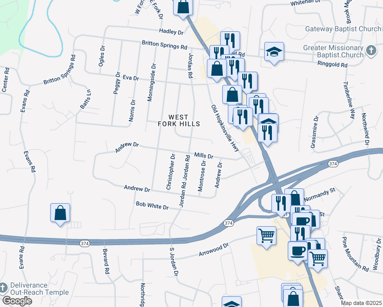 map of restaurants, bars, coffee shops, grocery stores, and more near 401 Montrose Drive in Clarksville