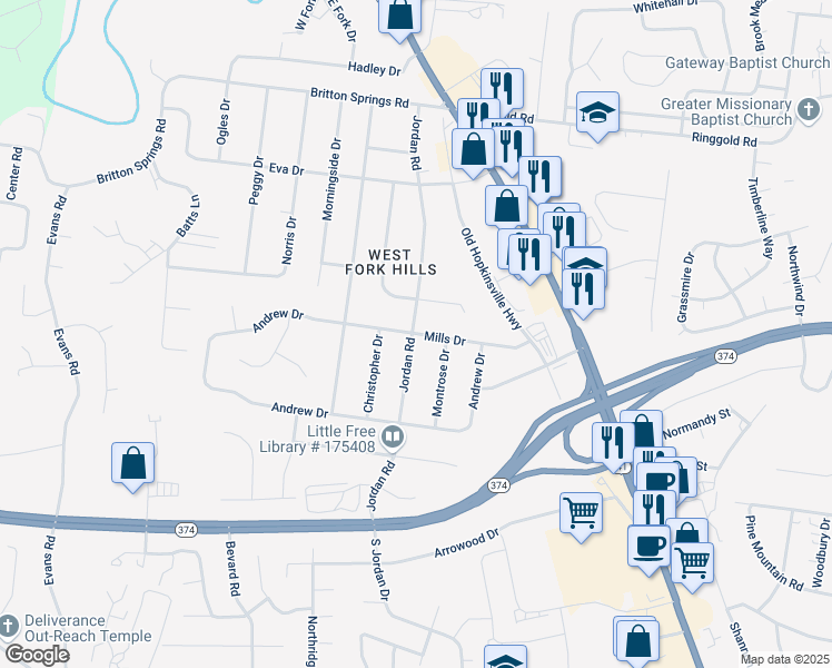 map of restaurants, bars, coffee shops, grocery stores, and more near 403 Jordan Road in Clarksville