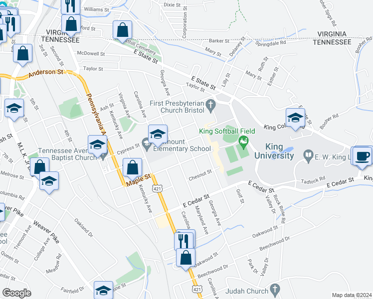 map of restaurants, bars, coffee shops, grocery stores, and more near 912 Georgia Avenue in Bristol