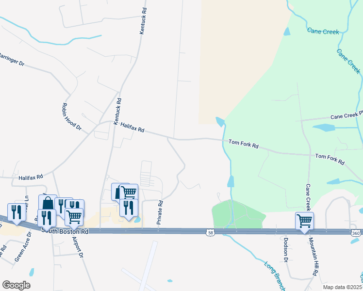 map of restaurants, bars, coffee shops, grocery stores, and more near 2217 Halifax Road in Danville
