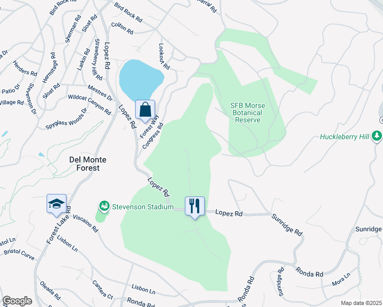 map of restaurants, bars, coffee shops, grocery stores, and more near 3200 Lopez Road in Del Monte Forest