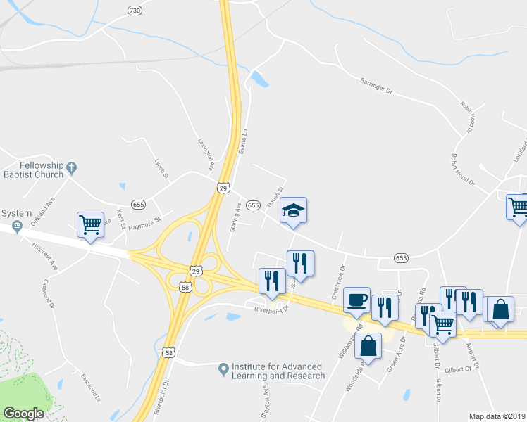 map of restaurants, bars, coffee shops, grocery stores, and more near 1434 State Route 655 in Danville