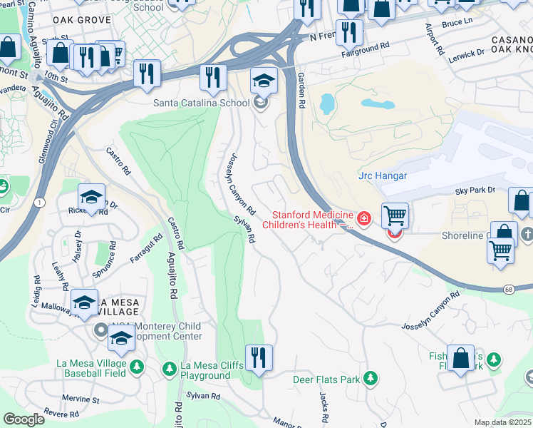 map of restaurants, bars, coffee shops, grocery stores, and more near 1198 Josselyn Canyon Road in Monterey