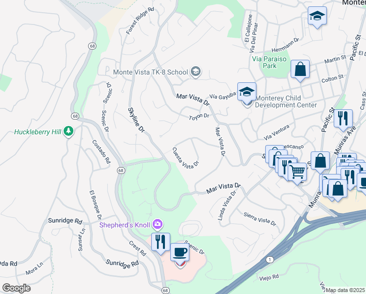 map of restaurants, bars, coffee shops, grocery stores, and more near 107 Cuesta Vista Drive in Monterey