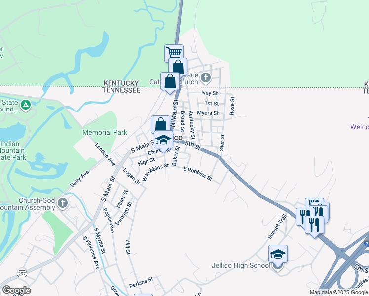 map of restaurants, bars, coffee shops, grocery stores, and more near 214 Baptist Street in Jellico