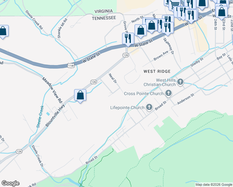 map of restaurants, bars, coffee shops, grocery stores, and more near 412 Hilltop Road in Bristol