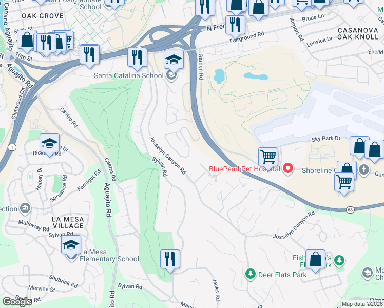 map of restaurants, bars, coffee shops, grocery stores, and more near 1640 Josselyn Canyon Road in Monterey