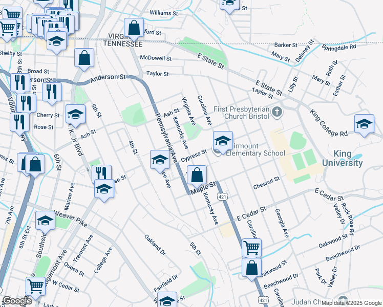 map of restaurants, bars, coffee shops, grocery stores, and more near 825 Kentucky Avenue in Bristol