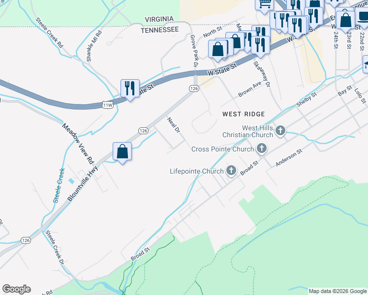map of restaurants, bars, coffee shops, grocery stores, and more near 412 Hilltop Road in Bristol
