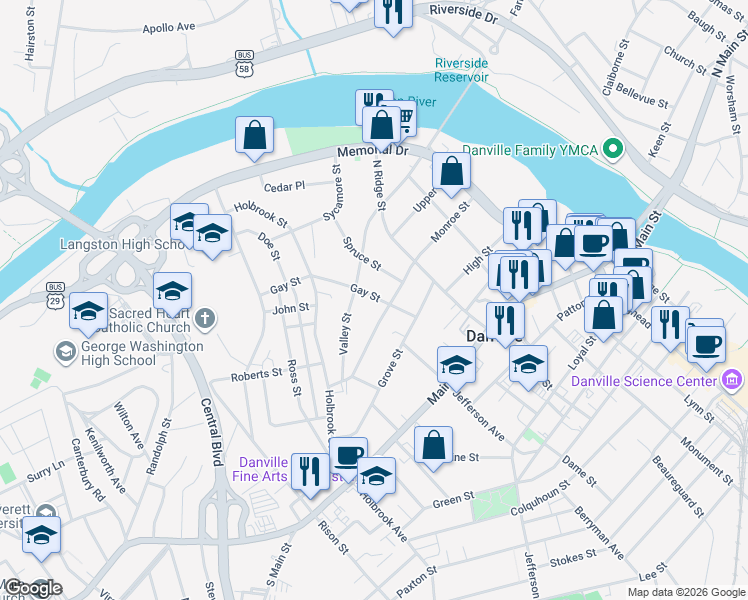 map of restaurants, bars, coffee shops, grocery stores, and more near 817 Monroe Street in Danville