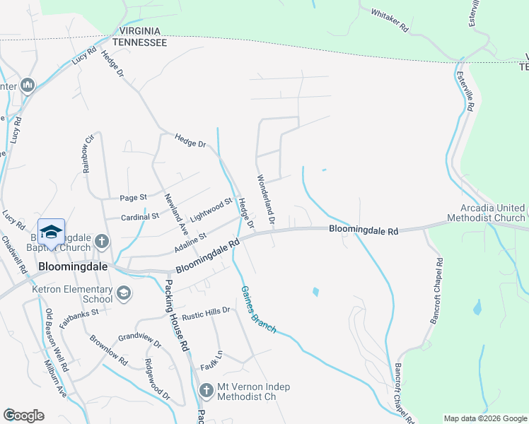map of restaurants, bars, coffee shops, grocery stores, and more near 3504 Bloomingdale Road in Kingsport