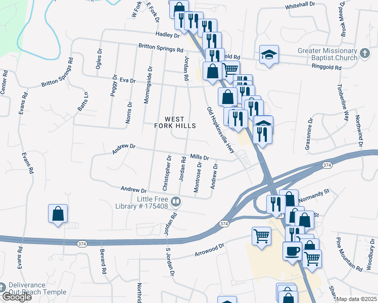 map of restaurants, bars, coffee shops, grocery stores, and more near 223 Mills Drive in Clarksville
