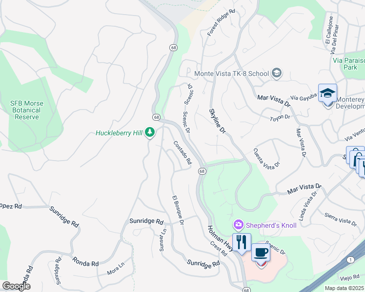 map of restaurants, bars, coffee shops, grocery stores, and more near 4029 Costado Road in Del Monte Forest