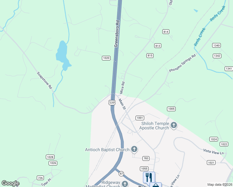 map of restaurants, bars, coffee shops, grocery stores, and more near U.S. 220 in Ridgeway