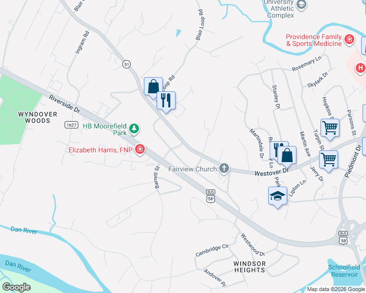 map of restaurants, bars, coffee shops, grocery stores, and more near 1308-1398 Westover Dr in Danville