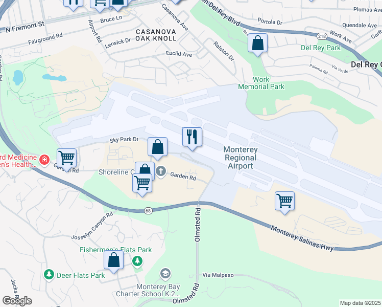 map of restaurants, bars, coffee shops, grocery stores, and more near 200 Fred Kane Drive in Monterey